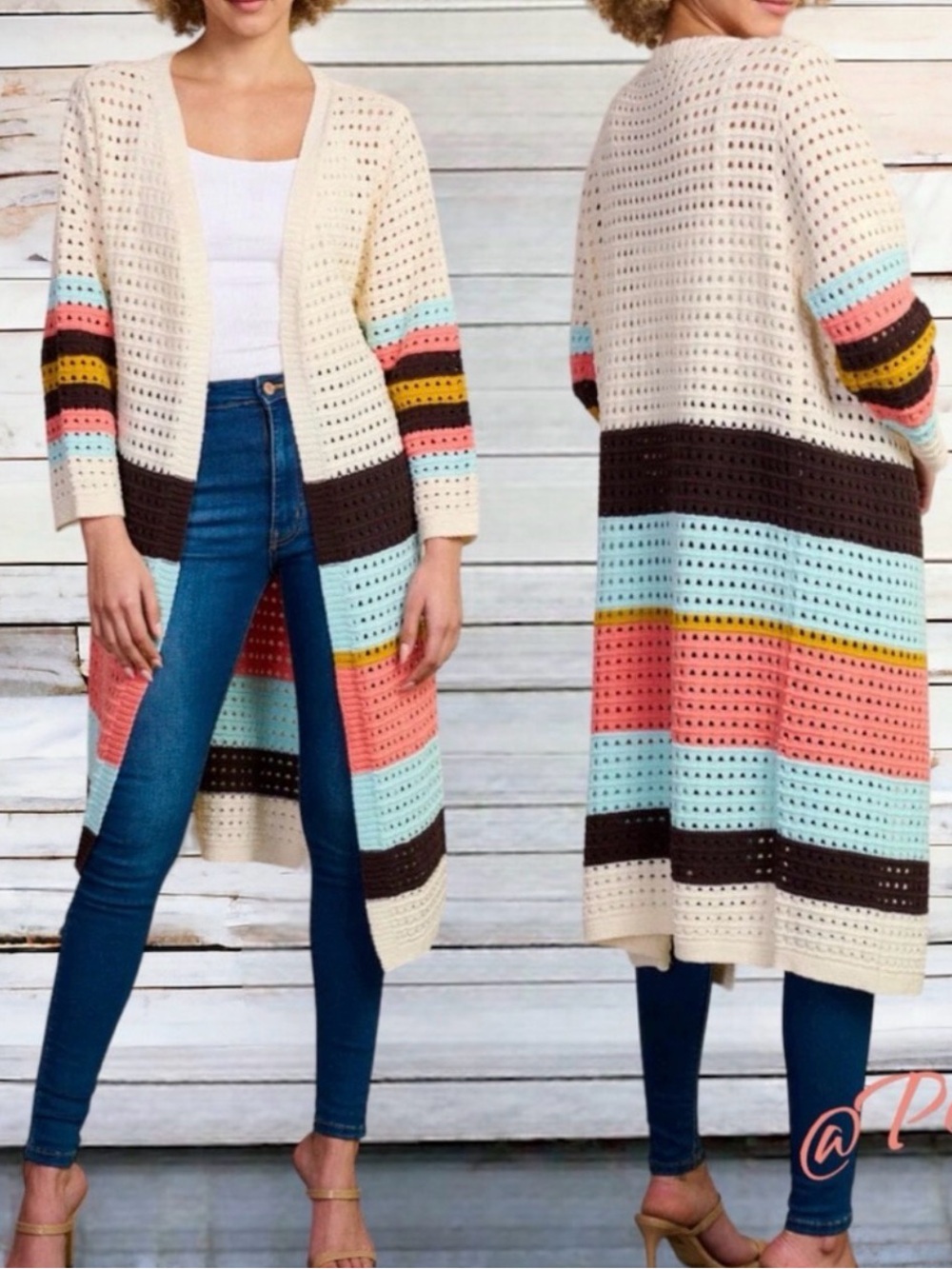 NWT Polagram Oversized Color Block Crochet Duster Cardigan